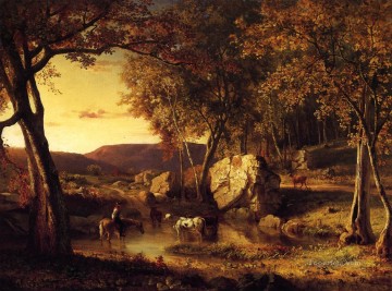 Summer Days Cattle Drinking Late Summer Early Autumn landscape Tonalist George Inness Oil Paintings